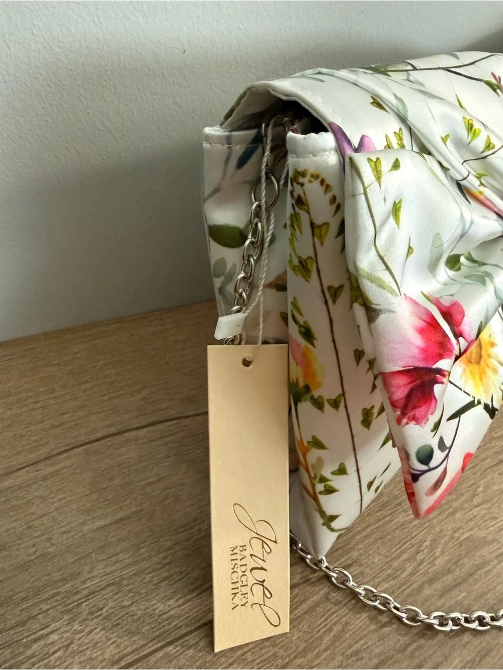 Jewel Badgley Mischa Floral Satin Bow Purse with White Background, NWT